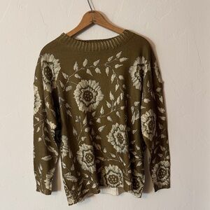 SHEIN Floral Knit Sweater in Olive and Cream